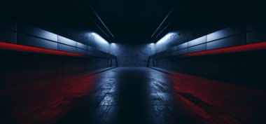 Industrial Futuristic Blue Red Lights Cement Grunge Concrete Glossy Dark Underground Parking Garage Hangar Warehouse Showroom Studio Spaceship Realistic 3D Rendering illustration