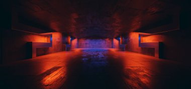Industrial Futuristic Blue Red Lights Cement Grunge Concrete Glossy Dark Underground Parking Garage Hangar Warehouse Showroom Studio Spaceship Realistic 3D Rendering illustration