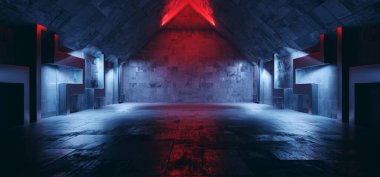 Industrial Futuristic Blue Red Lights Cement Grunge Concrete Glossy Dark Underground Parking Garage Hangar Warehouse Showroom Studio Spaceship Realistic 3D Rendering illustration