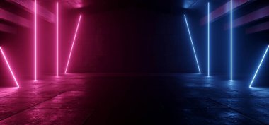 Canlı Neon Lazerleri Cyberpunk Sahne Sahnesi Kürsüsü Parlak Tünel Koridoru Gerçekçi Bilim Kurgu Geleceği Karanlık Beton Bodrum Yeraltı Mağazası 3D Çizim Odası