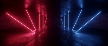 Canlı Neon Lazerleri Cyberpunk Sahne Sahnesi Kürsüsü Parlak Tünel Koridoru Gerçekçi Bilim Kurgu Geleceği Karanlık Beton Bodrum Yeraltı Mağazası 3D Çizim Odası