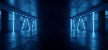 Siber Retro Bilim Kurgu Falı Fütürist Parlak Lazer Parıldayan Parlak Işık Ahırı Grunge Beton Depo Çimento Gece Stüdyosu Hangar Tünel Koridoru 3D Resim Hazırlama