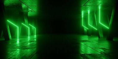 Siber Uzaylı Fütüristik Stüdyo Stüdyo Koridoru Şov Salonu Fütüristik Fütürist Neon Parlayan Tavan Işıkları Depo Ambarı Metal Çimento Gece Stüdyosu Stüdyosu 3D Resim Hazırlama