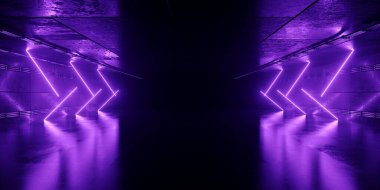 Siber Uzaylı Fütüristik Stüdyo Stüdyo Koridoru Şov Salonu Fütüristik Fütürist Neon Parlayan Tavan Işıkları Depo Ambarı Metal Çimento Gece Stüdyosu 3D Görüntü