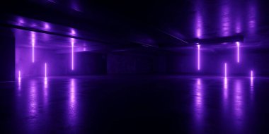 Bilimci Fütürist Siber Retro Oyun Mağazası Grunge Beton Beton Lazer Parlayan Violet Vibrant Arkaplan Boş Hangar Stüdyo Stüdyo Arkaplan 3D Görüntü