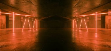 Siber Retro Bilim Kurgu Geleceği Parlayan Kırmızı Parlayan Tavan Işıkları Depo Ambarı Metal Çimento Gece Stüdyosu 3D Resim Çizimi