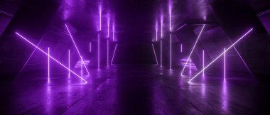 Siber Retro Bilim Kurgu Falı Mor Parlak Mor Parlak Tavan Işıkları Depo Ambarı Metal Çimento Stüdyo Stüdyosu 3D Resim