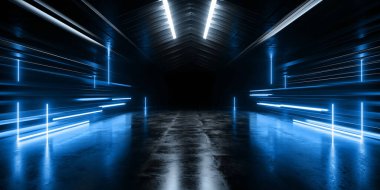 Geleceğin Siber Lazer Elektrikli Işıkları Parlak Parlak Tünel Koridoru Metal Beton Stüdyo Arkaplan Tüneli Koridoru 3B Görüntü Görüntüleme