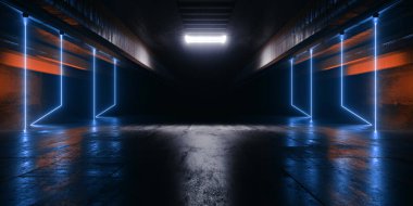 Gelecekçi Siber Lazer Elektrikli Yıldırımlar Parlak Tünel Parlak Metal Beton Stüdyo Arkaplan Tüneli Koridoru 3B Görüntüleme