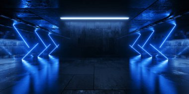 Gelecekçi Siber Lazer Elektrikli Yıldırımlar Parlak Tünel Parlak Metal Beton Stüdyo Arkaplan Tüneli Koridoru 3B Görüntüleme
