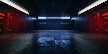 Siber Garaj Geleceği Sahne Sahnesi Lazer Işıkları Reklam Arkaplanı Grunge Beton Parlatıcı Boş Uzay Tüneli Koridoru 3D Çizim