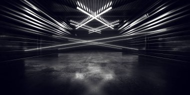 Siber Neon Uzay Gemisi Garajı Sahne Sahnesi, Bilim Kurgu, Lazer, Arkaplan Reklam Arkaplan Grunge Beton Metal Parlak, Boş Uzay Tüneli Koridoru, 3D Görüntü