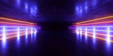 Bilimci Fütürist Siber Retro Oyun Mağazası Grunge Garajı Beton Beton Lazer Parlayan Parlak Arkaplan Boş Hangar Stüdyo Stüdyo Arkaplan 3D Görüntü