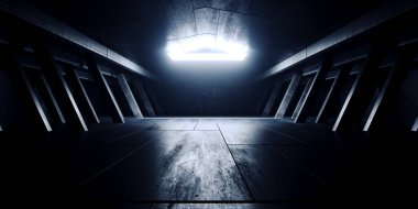 Modern Sahne Boş Beton Çimento Grunge Depo Ambar Tünel Koridoru Yeraltı Siber Hangar Arkaplan Arkaplan Uzay Gemisi 3D Resim Çizimi