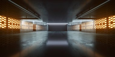 Hangar Siber Teknoloji Bilim Kurgu Gelecekçi Tünel Koridoru Beton Çimento Grunge Yeraltı Bodrum Lazer Parlak Boş Uzay Gösterimi Arkaplan Grafikleri 3D