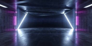 Bilimkurgu Geleceği Sanal Sahnesi Mavi Mor Işınlar Karanlık Showroom Park Salonu Garaj Koridoru Garajı Uzaylı Uzay Gemisi Grunge Beton Gerçekçi 3 boyutlu Çizim Çizimi Lazerleri