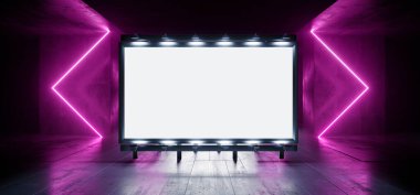 Neon Sci Fi Billboard Modern Siber Garaj Grunge Hangar Şov Ürünleri Büyük Beyaz Uçak Uzaylı Uzay Gemisi Fütürist Gerçekçi Asfalt Beton Beton Beton Depo 3D Resimlendirme