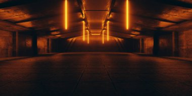 Endüstriyel Fütüristik Turuncu Işıklar Çimento Çimento Beton Parlak Karanlık Yeraltı Otoparkı Mağaza Mağazası Stüdyo Uzay Gemisi Gerçekçi 3 boyutlu Çizim