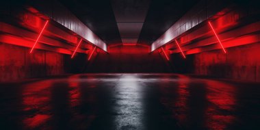 Bilim Kurgu Geleceği Neon Üçgeni Lazer Sürgülü Elektrikli Siber Sığınak Kırmızı Işıklar Garaj Garajı Koridoru Beton Çimento Çamurluğu Bodrum Klübü 3D Resim Hazırlama