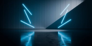 Endüstriyel Beton Döşeme ve Duvarlar Üzerinde Parlayan Lazer Çizgileriyle Soyut Bilim Kurgu Koridoru Tüneli Sanayi Mimarisi Uzay Teknolojisi Tasarımı 3D Çizim