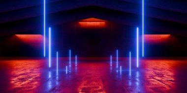 Sert neon lazer hatları parlayan teknoloji endüstriyel bilim kurgu tüneli Beton zemin üzerinde parlayan fütüristik siber iç yapı derin uzay yapısı 3D görüntü oluşturma