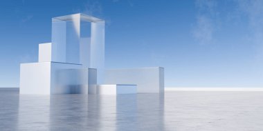 Minimum Soyut Mimari Sahne Parlak Yansıtıcı Beton Döşeme ve Şeffaf Cam Bloklar Açık Gökyüzü Yatay Arkaplan 3D Görüntüleme 