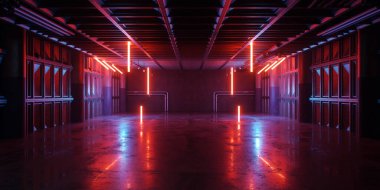 Bilimsel Sanayi Tüneli ve Bilim Kurgu Lazeri Beton Kirişleri Beton Yapı Koridoru Siber Punk Mimari Teknoloji Görünümü Parlayan Neon Vibe 3D