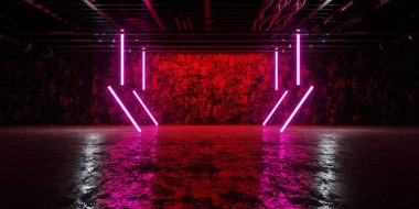 Parlayan Lazer Işıkları ile Siber Geleceği Tünel Neon Teknolojisi Vibaları Bilim Kurgu Derinliği 3D Görünümü ile Endüstriyel Beton Koridoru