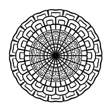 Mandala süsü. Boyama kitabı sayfası. Tişört, tebrik kartı, çıkartmalar, dövmeler, iç tasarım dekorasyonları. Beyaz arkaplanda vektör ilüstrasyonu.