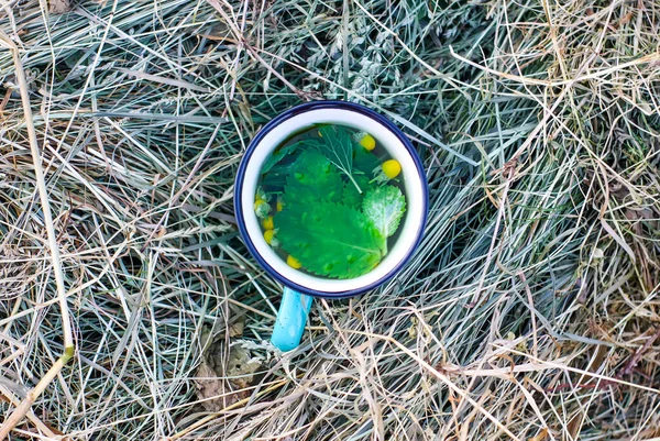 Hot herbal tea in teacup outdoors