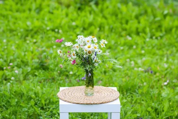 Bahçedeki Masada Bir Buket Beyaz Papatya Çiçeği Vazoda Taze Kır — Stok fotoğraf