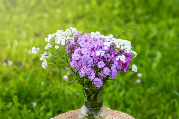 Bouquet Summer Flowers Table Patio Yard Fresh Wildflowers Vase — Stock Photo, Image