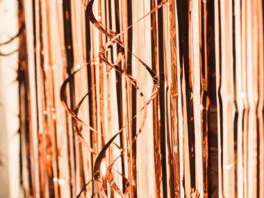 Birthday party decor. Foil curtains and bauble. Cozy home interior decoration for celebration.