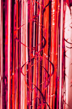 Birthday party decor. Foil curtains and bauble. Cozy home interior decoration for celebration.