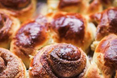 Taze pişmiş tarçınlı çörekler. Ev yapımı tatlı hamur işi.