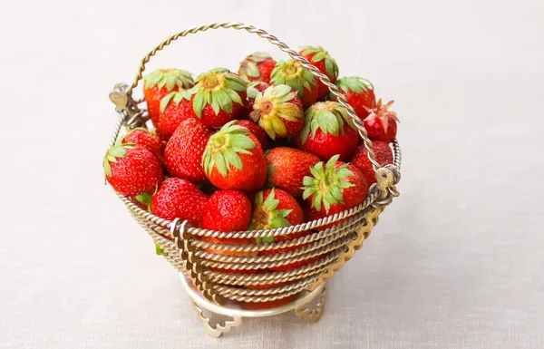Ripe Red Strawberry Metal Basket — Stock Photo, Image