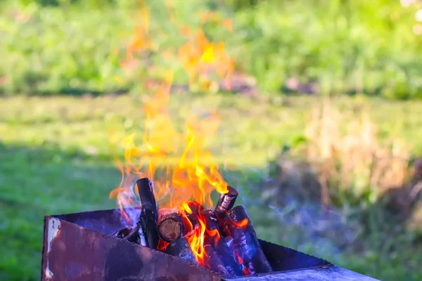 stock image Firewood burning in a brazier outdoors