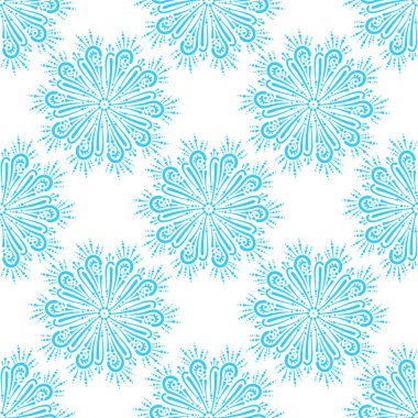 El çizimi kar tanesi elementleriyle soyut bir arkaplan. Ambalaj kağıdı, ağ, tekstil, hatıra defteri için süslemeli desen.