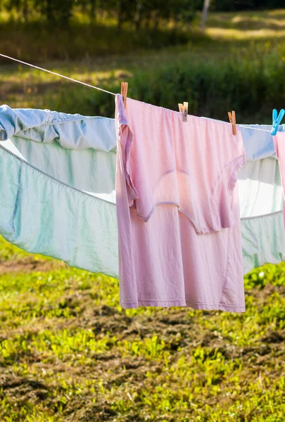 Pte Asılı Renkli Pamuklu Çamaşırlar Arka Bahçede Tekstil Kurutma — Stok fotoğraf