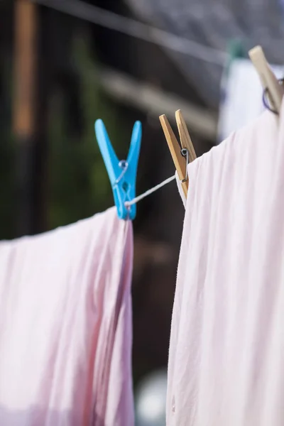 Washed Colorful Cotton Laundry Hanging Rope Textile Drying Backyard — Stock Photo, Image