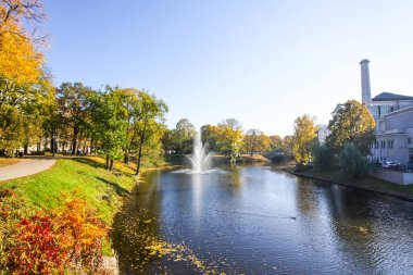 Resimli sonbahar manzarası. Riga, Letonya 'daki şehir manzarası.