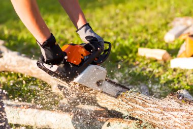 Elektrikli testere ve testere tutan bir adamın elleri..