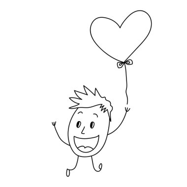 Sevimli bir karakter. Kalp şeklinde balonu olan bir çocuğun illüstrasyonu.