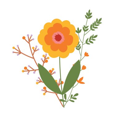 Çiçek kompozisyonu. Beyaz arkaplanda parlak çiçeklerin vektör çizimi.