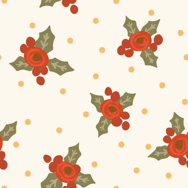 Christmas Roses Cherries Leaves Scattered White Background Golden Dots Christmas — Stock Vector