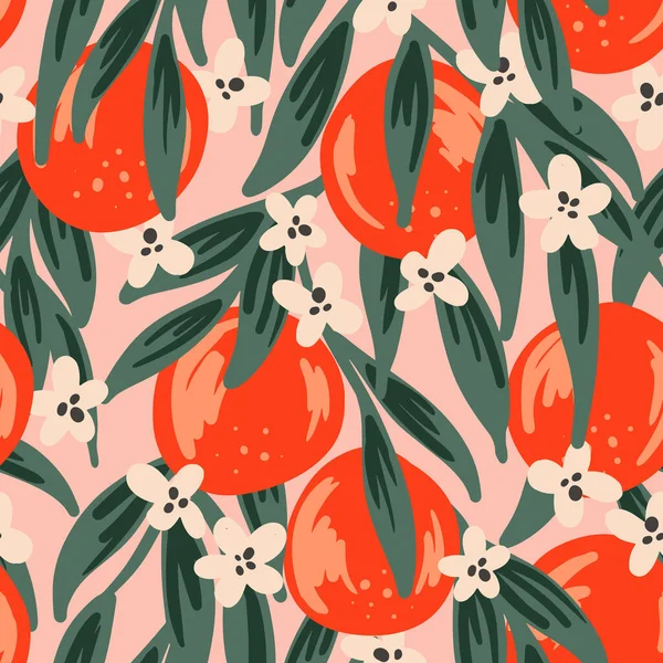 手绘橘子和花朵挂在美丽的 柔和的橙色调色板 淡淡的白色和粉色 美丽的手绘热带水果花园图案 很适合家居装饰 — 图库矢量图片
