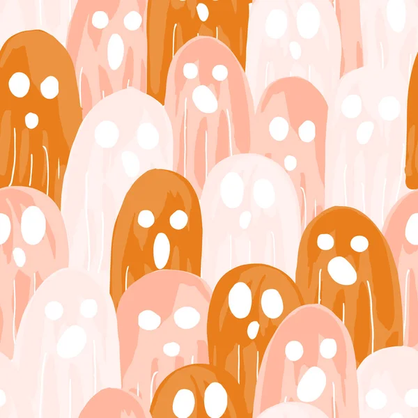 パステル桃 パステルピンクのパレットにシームレスなベクターパターンを形成するかわいい幽霊の群れ 家の装飾 ギフトラップ 文房具および包装のために大きい — ストックベクタ