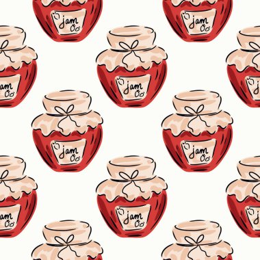 Hand painted glass jars tied with vintage cloth packaging filled with sweet strawberry jam in a color palette of red, peach, cream and black on an off-white background. A seamless vector pattern. Great for home decor, fabric, wallpaper and gift wrap. clipart