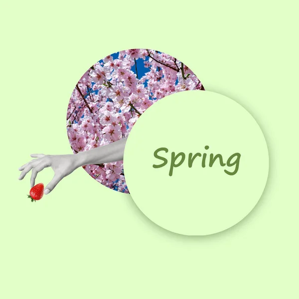 Современный Коллаж Рук Клубникой Зеленом Фоне Концепция Весны Цветущие Деревья — стоковое фото