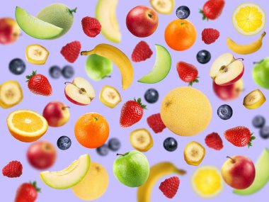 Çeşitli meyvelerden örnekler. Sağlıklı gıda konsepti. Fotokopi alanı olan düz bir yer. Yükseltme etkisi.